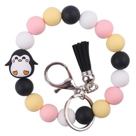 Animals Beaded Silicone Bracelet Wristlet Keychain, Cat Dog Elephant Lamb Tiger Penguin Koala Frog Bangle Keyring for Women (Penguin)