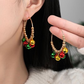 Jingle Bells Big Hoop Earrings 14K Gold Plated Christmas Bells Dangling Charm Huggie Hoops Earrings 30mm Holiday Earrings for Women Girls Christmas New Year Party Decorations Supplies