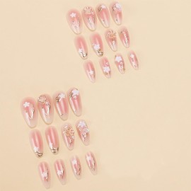 24 Pcs Flower Press on Nails Long Almond Butterfly Fake Nails with Charms Design 3D Spring Summer Gold Floral False Nails Gradient Glue on Nails Full Cover Artificial Nails for Women Nail Decoration