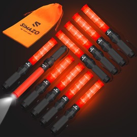 SIMAZO 10 Pieces 16 Inch Traffic Wand with White LED on Top, 3 Flashing Modes & 4 Led Lights, Traffic Safety Baton with Wrist Strap for Parking Guides, Car Directing, Air Marshalling