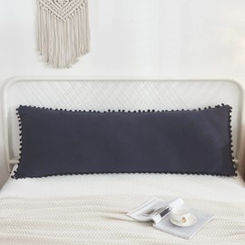 Blue Body Pillow Cover Shabby Chic Long Pillow Case Cover Navy Blue Pom Poms Fringe Body Pillow case with Pocket Closure 20x54 inches(Body,Navy Blue)