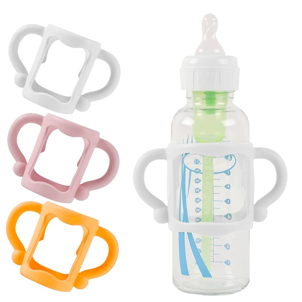 (3-Pack) Bottle Handles for Dr Brown Baby Bottles with Easy Grip Handles to Hold Their Own Bottle - BPA-Free Soft Silicone (White Pink Orange)