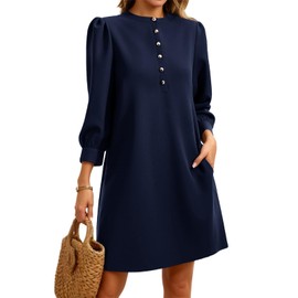Wenrine Womens 3/4 Puff Sleeve Mini Dress Button Crewneck Elegant Casual Business Shift Dresses 2025 Navy Blue