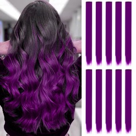 Pack of 10 Purple Hair Extensions, 22 Inch Clip-In Extensions, Coloured Long Straight Synthetic Hairpieces for Girls, Children and Women, Everyday or Party