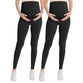 WELL&JUST Maternity Leggings Over The Belly - 2 Packs Ultra Soft & Breathable Pregnancy Active Wear for Workout Casual, High Waist Yoga Tights, L