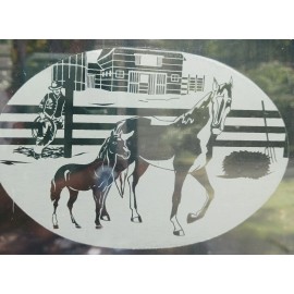 Vinyl Etchings Horse Scene Decal 4"x6" OVAL Etched Glass Look Cling Removable & Reusable