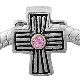 European Cross with Light Pink Rhinestone Charm Bead Spacer for Snake Chain Charm Bracelet
