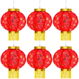 Geelin 6 Pcs Chinese 2025 New Year Lanterns Golden Fu Red Party Lanterns Festival Red Lamp Shade Traditional Hanging Chinese Party Decorations for Spring Festival Celebration (10 Inch)