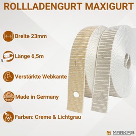 markiso® Rolladengurt 23mm x 6,5m – verstärkte Webkante, UV- & farbbeständig, [Made in Germany] Ersatz Gurtband in Lichtgrau