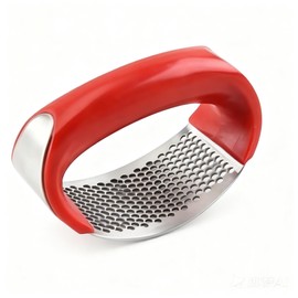 Garlic Squeezing Tool Stainless Steel Garlic Grinder with Peeler & Cleaning Brush, Easy Operation Garlic Crusher for Home Kitchen (Red)