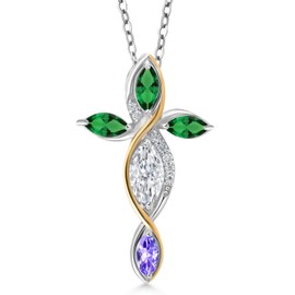 Cross Necklace For Women In 925 Silver and 10K Yellow Gold with White Moissanite and Nano Emerald and Tanzanite | 1.25 Cttw | Jesus Christian Religious Crucifix | Marquise 8X4MM | With 18 Inch Chain