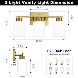 FonmYim Brushed Gold Bathroom Light Fixtures, 3-Light Modern Vanity Light Over Mirror, Wall Sconces with Milky White Frosted Glass Shades, E26 Socket (Bulbs Not Included)