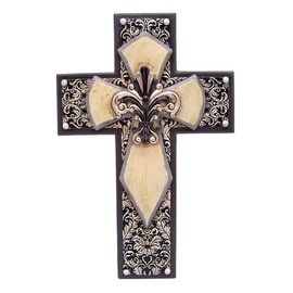 Wowser Black and White Hanging Wall Cross, Silver Tone Fleur De Lis Floral Design, Christian Wall Decor, 12.3 Inch