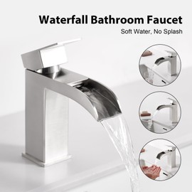 Faustina Wide Open Spout Waterfall Bathroom Faucet Single Handle,Single Hole Bathroom Faucet Brushed Nickel Stainless Steel Utility Sink Faucet Bathroom Vanity Basin Tap(Pop Up Drain/Supply Line)