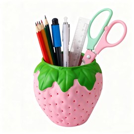 Hibucuo Strawberry Pencil Holder, Plastic Pen Holder for Desk, Cute Pen Holder, Strawberry Vase fit for School, Home, Office, Presents for Freiends, Family (Pink)