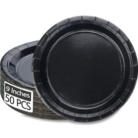 50 Pcs Black Paper Plates, Round Black Dessert Plates Birthday Party Supplies for Black Party Decorations Anniversary Graduation Retirement Daily Use，9 Inch