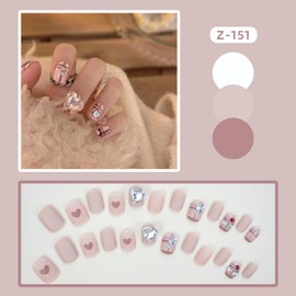 Press on Nails Coffin Short 24Pcs Glossy Full Cover Acrylic False Nails with Large Heart Rhinestone Designs Artificial Square Fake Nails Sets with Glue Stick on Fingernails with Charm for Women