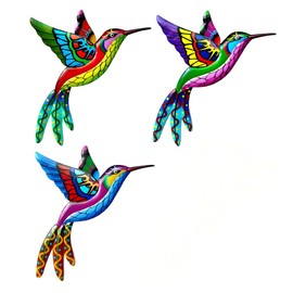 LWINGFLYER 10×8.6IN Metal Hummingbird Wall Decor Wrought Iron Colorful Hummingbird Wall Hanging 3D Colorful Birds Outdoor Art for Garden Patio Fence(3 PCS)