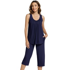 NACHILA Womens Pajamas-Viscose Made from Bamboo, Sleeveless Sleepwear Ribbed Tank Top Capri Pants Pajama Set Cool Pleated Pjs Navy Blue S