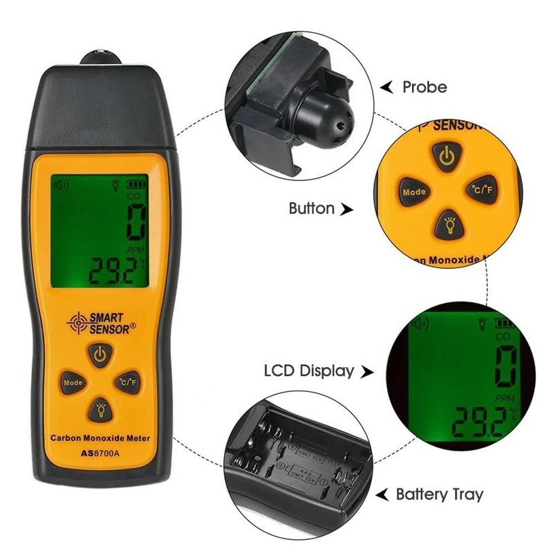 AS8700A Carbon Monoxide Meter,SMART SENSOR CO Meter,1000ppm CO Analyzer,Digital CO