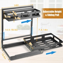LBTING Under Sink Organizer, 2 Tier L-Shaped Metal Kitchen Cabinet Organizer with Pull Out Sliding Drawer, Multi-Functional Storage for Bathroom Kitchen – Black