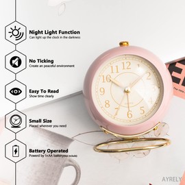 AYRELY® Battery Operated Desk Alarm Clock with Light,Silent No Ticking,Small Table Clock for Bedside/Bedroom/Living Room/Office/Travel/Kids/Room Decor Aesthetic Vintage(Pink)