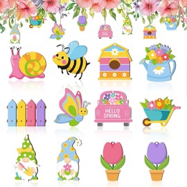 Pack of 12 Wooden Pendants Spring, Wooden Pendants Flowers, Gnome Wooden Pendants, Easter Crafts Wood, Spring Decoration Wood, Colourful Spring Decoration for Easter Home Decoration (Pink)