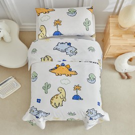 PinkMemory Kids Dinosaur Single Duvet Cover Set Cute Cartoon Dinosaur Print Quilt Cover and Pillowcase Set for Girls Boys for All Seasons-135x200CM-Single Size