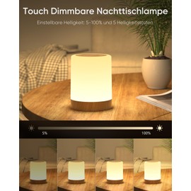 Bonsery Bonsery LED Nachttischlampe Touch Dimmbar mit 256 RGB Farben & 3 Modi, Nachtlicht Kinder USB Aufladbar mit Timing & Memory Funktion, Holzmaserung Tischlampe Kabellos für deko Schlafzimmer Wohnzimmer