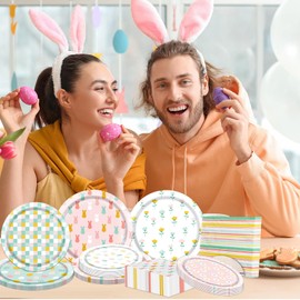 pugipien Easter Decorations Easter Plates and Napkins includes Easter Paper Plates and Easter Bunny Napkins Rabbit Eggs Plates and Napkins for Easter Party Decorations