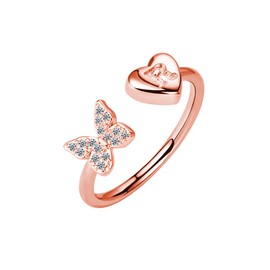 Initial Rings for Women Girls Stackable Butterfly Initial Letter Rings Crystal Inlaid Capital Alphabet Ring 14k Gold Silver Rose Gold Plated Open Adjustable Initial rings Jewelry Gifts, Adjustable, Copper, No Gemstone