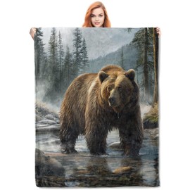 VANZEV Brown Bear in Misty Forest Flannel Blanket,Realistic Wildlife Soft Lightweight Throw Blankets Gifts for Women Nature Lovers,50" x 60" Perfect for Couch Bed Home Travel Decor