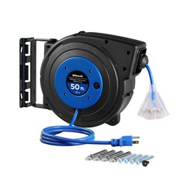 WILAWELS Retractable Extension Cord Reel, 50 FT Heavy Duty Power Cord, 14AWG/3C SJTOW, 3 Grounded Outlets Lighted Triple Tap, 13 Amp Circuit Breaker, UL Listed, Blue U50CR06