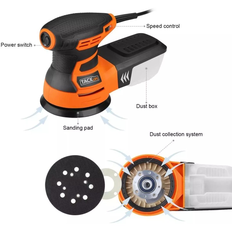 TACKLIFE 5-Inch Random Orbital Sander 3.0A w/ 12Pcs Sandpapers, 6