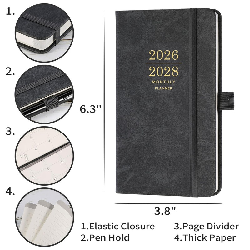 2026-2028 Monthly Pocket Calendar - 3 Year Planner with Faux