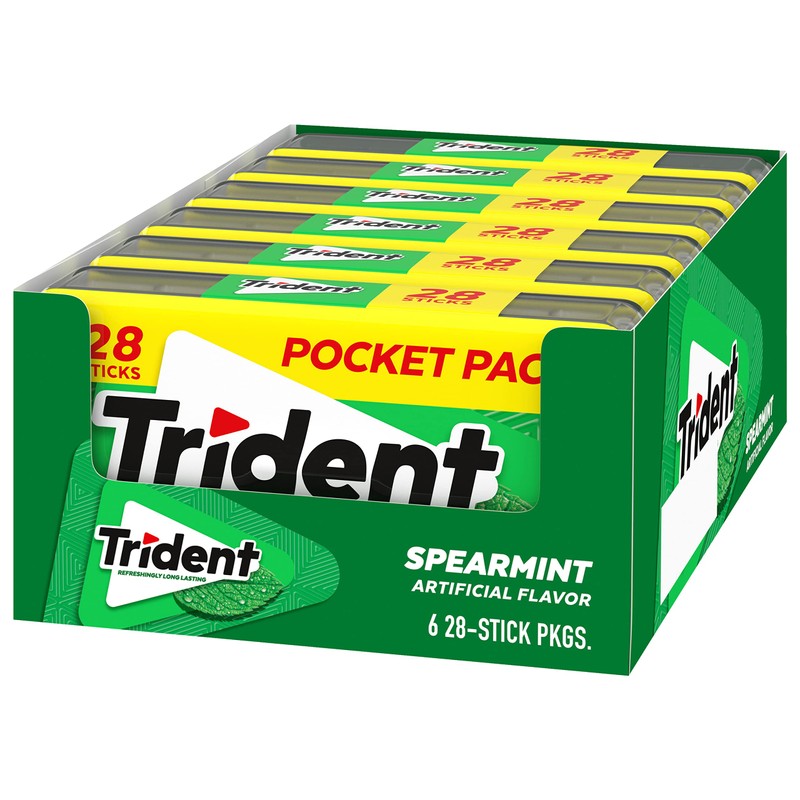 Trident Spearmint Sugar-Free Chewing Gum, 6 Pocket Packs of 28
