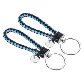 PATIKIL Braided Leather Keychain with Stainless Steel Key Ring Sleeve, 2 Pack PU Woven Wristlet Lanyard Strap Fob Keyring Holder for Car Bag Wallet Pendant, Sky Blue Black