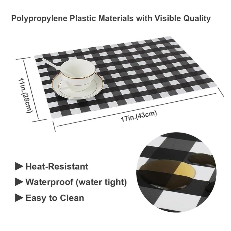 Jsenvpon PP Buffalo Plastic Check Plaid Placemats Wipeable Easy Clean