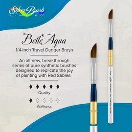 Silver Brush Limited 2812ST-1/4 BelleAqua Short Handle Dagger Travel Brush Soft Red Sable Synthetic Bristles, Professional Artist Dagger Brush for Watercolor, Acrylic, Gouache, & Inks, Size 1/4 Inch