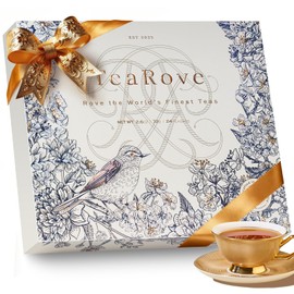 TeaRove Premium Tea Sampler Gift Set with Gold-Foil Presentation Box, 24 Assorted Variety Pyramid Infuser Bags, 6 Flavors Handcrafted Black, Oolong, Jasmine Green, Herbal Tea Sampler Gift for Tea Lover