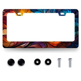 Abstract Leaf License Plate Frame Beautiful Leaves Floral License Plate Holder Stainless Steel Rust-Proof Colorful Car Accessory Funny License Plate Cover Decoration Size 12.2" x 6.2" with Screws