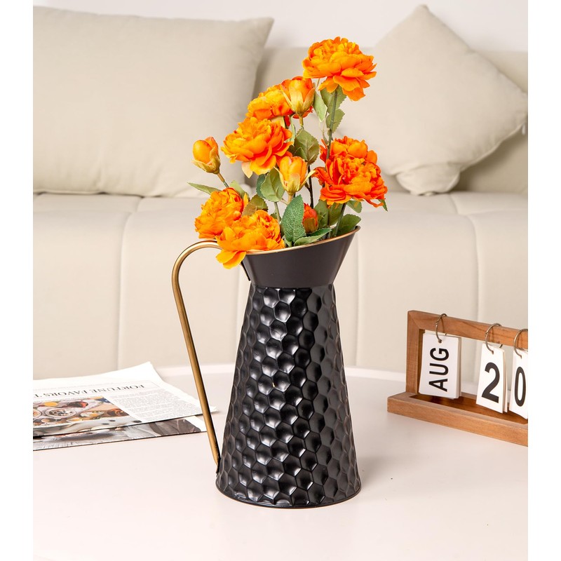 Elegant Black Metal Pitcher Vase, Farmhouse Galvanized Flower Vase, Rustic