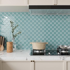 VEELIKE Light Teal Arabesque Peel and Stick Backsplash for Kitchen Wall 12 Sheets 12''x12'' Moroccan Tile Stickers Renter Friendly Self Adhesive Back Splash Stick on Tiles for Bathroom Laundry Room RV