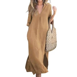 utcoco Womens Cotton Linen Maxi Dresses Casual Loose Fit V Neck 3/4 Sleeve Side Slit A Line Linen Long Dress (X-Large, Khaki)