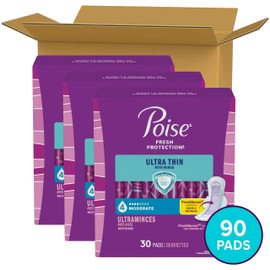 Poise Ultra Thin Incontinence & Postpartum Pads with Wings for Bladder Leaks, 4 Drop Moderate Absorbency, Regular Length, 90 Count, Packaging May Vary