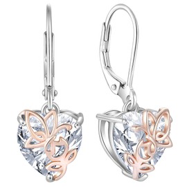 YL Pink Heart Earrings 925 Sterling Silver Butterfly Earrings 12 Birthstone Cubic Zirconia Jewellery Gifts for Women Mother Girlfriend Her, Silver, Cubic Zirconia