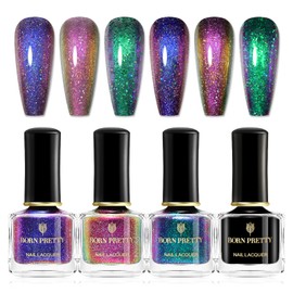 Born Pretty Chameleon Nail Polish Set Holographic Glitter Polish Sparkle Shimmer Nail Art Polish with Black Nail Polish Multicolored Nail Art Varnish 4 Bottles