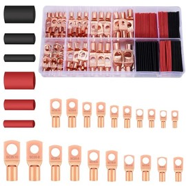 Ring Terminals AWG2 4 6 8 10/12 Battery Cable Wire Lugs Copper with Heat Shrink Set (174pcs)