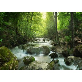 CORFOTO 7x5ft Fabric Forest Waterfall Backdrop Rocks Moss Waterfall Background Tropical Forest Photography Backdrop for Kids Adults Portrait Summer Vacation Hiking Tourism Photo Booth Studio Props