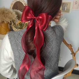 Inilbran Vintage Silk Bow Hair Clips Long Red Silk Bow Hair Clips Chiffon Hair Clip Long Bow Hair Clips Headpiece Silky Bow Hair Accessories for Women and Girls Headpiece